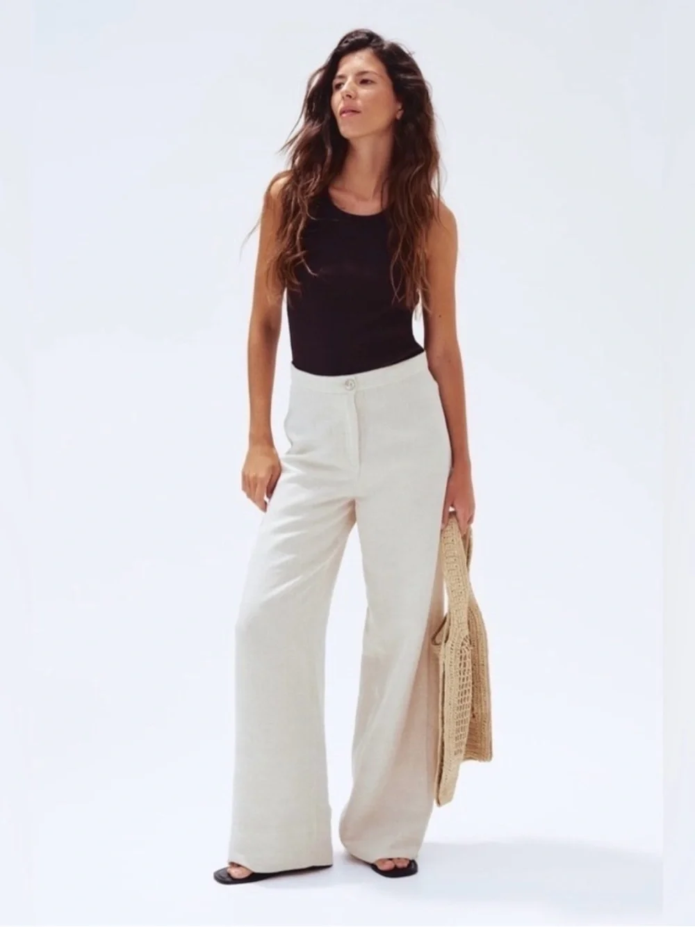 H&M High-Waisted Linen-Blend Wide-Leg Trousers - Size 6 beach lagenlook neutral